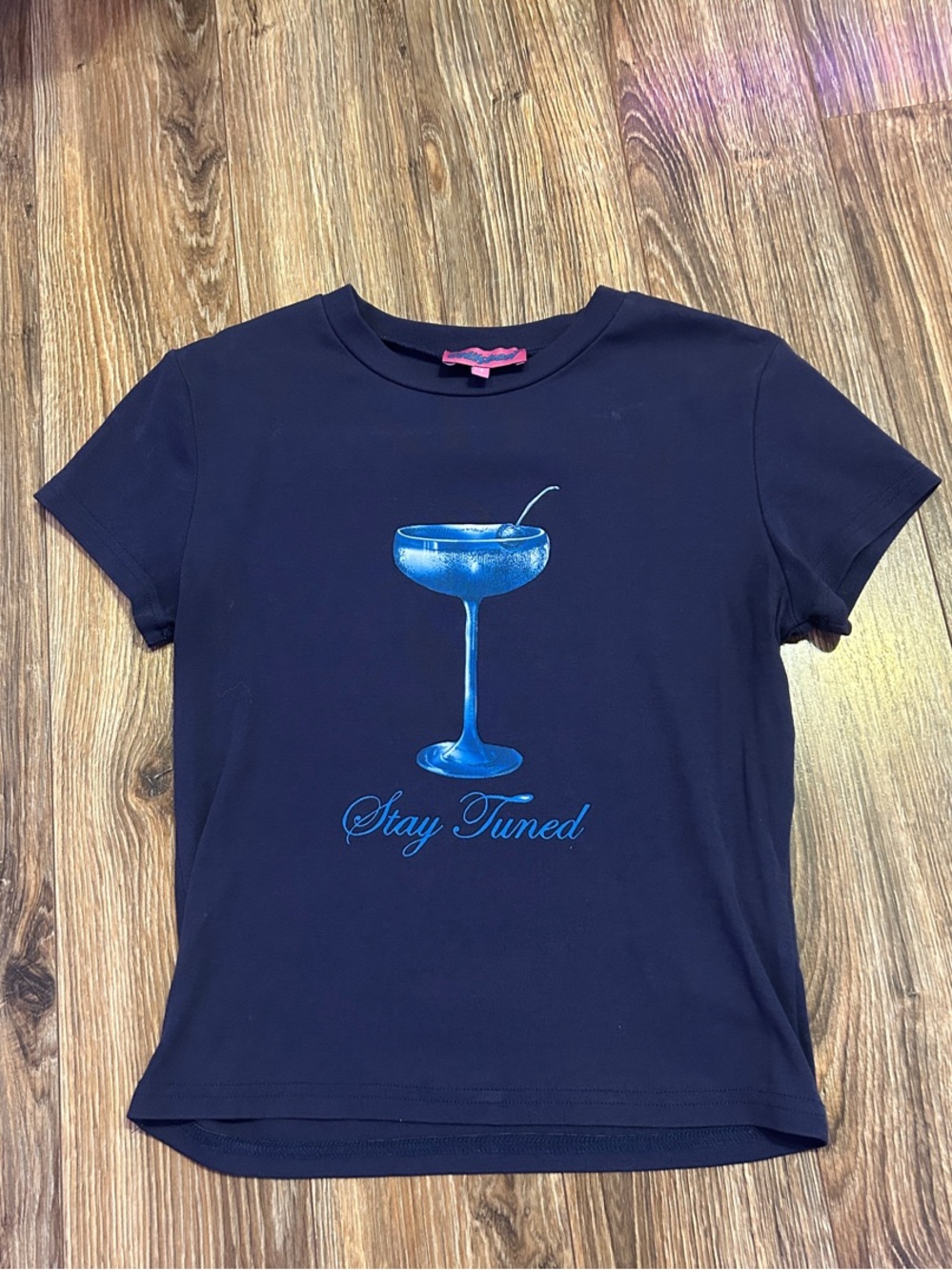 Edikted Navy Crop Top with Blue Cocktail Graphic